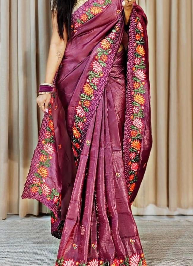 Pure Gold Crush Dark Pink Traditional Wear Embroidery Work Saree
